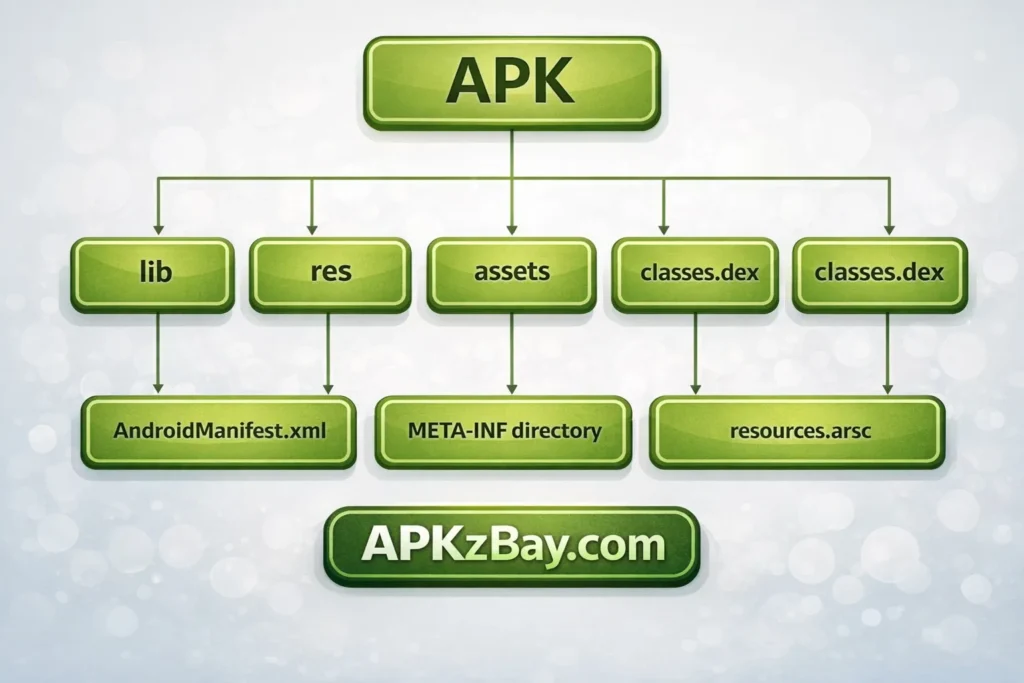 APK file structure diagram showing lib, res, assets, classes.dex, AndroidManifest.xml, META-INF directory, resources.arsc, and APKzBay.com