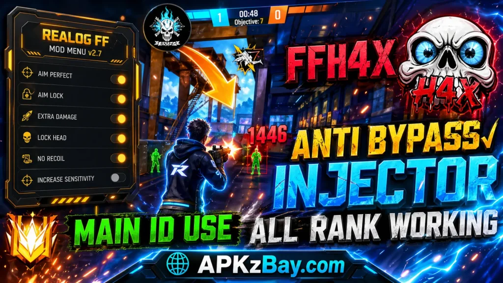 Deadlox Injector Latest Version APK banner with neon gaming panel, action scene, and APKzBay.com branding