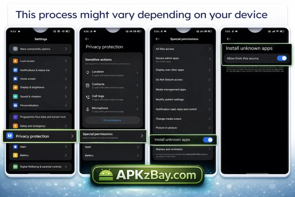 Step-by-step Android settings guide showing how to enable Install unknown apps with APKzBay.com branding