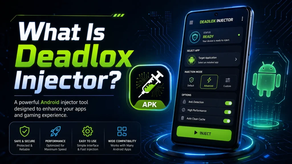 What Is Deadlox Injector APK guide with futuristic Android app interface and neon tech design