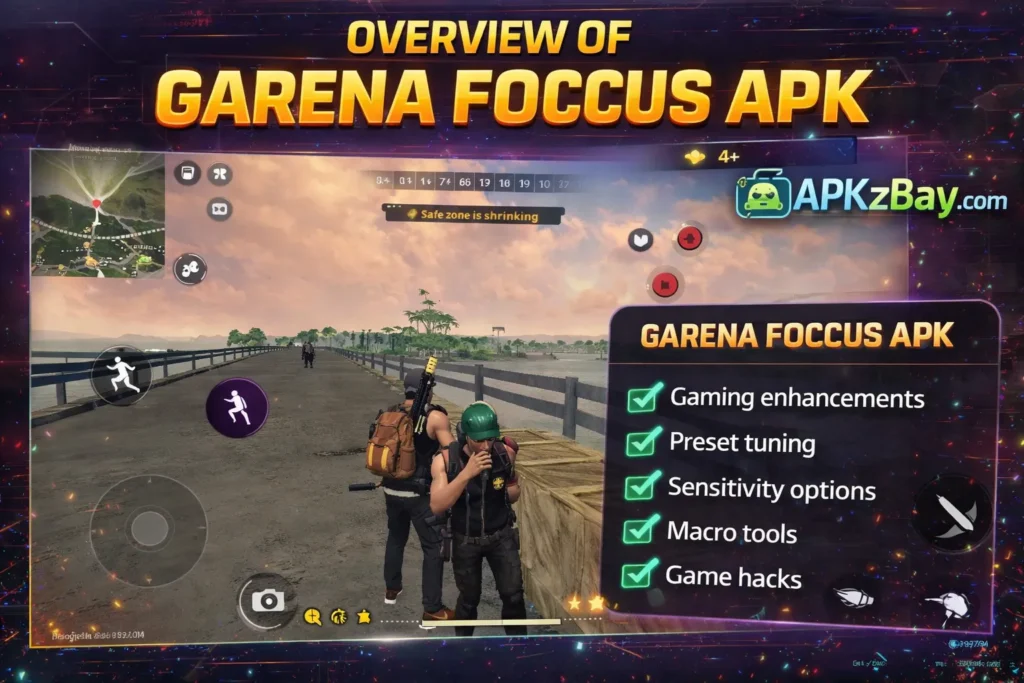 Overview of Garena Foccus APK image showing Free Fire gameplay scene with on-screen controls and APKzBay.com branding