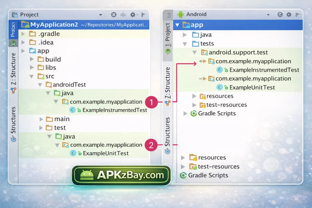 Android Studio project structure comparison showing androidTest and test folders mapped to test files with APKzBay.com branding