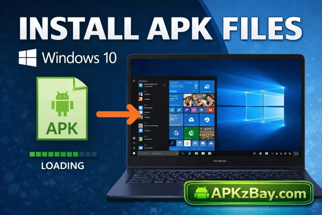 Install APK files on Windows 10 graphic showing APK icon, loading bar, laptop screen, and APKzBay.com branding