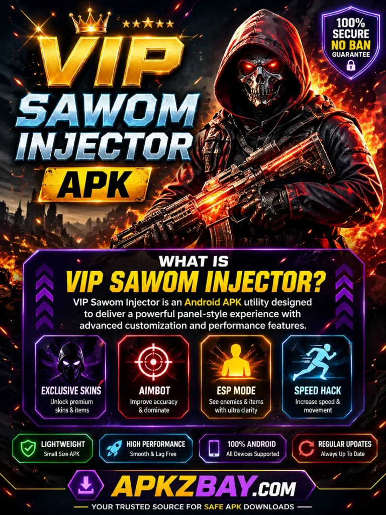 What Is VIP Sawom Injector APK poster with hooded skull character, gaming interface, and APKzBay branding