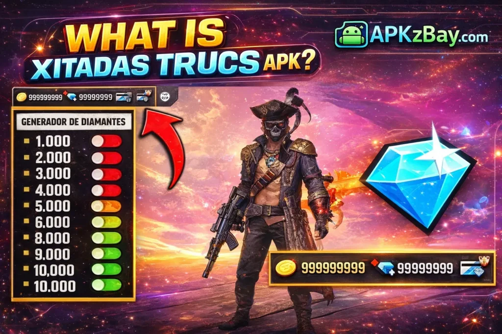 What Is Xitadas Trucos APK banner with colorful game character, diamond icon, control panel graphic, and APKzBay.com branding