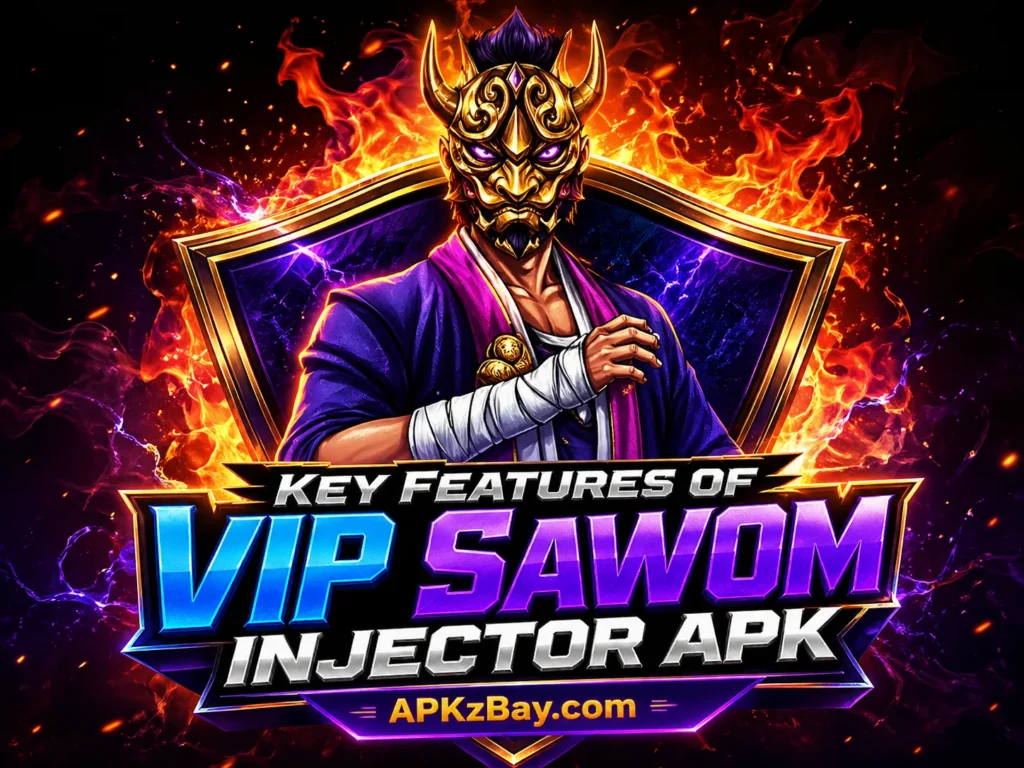 Key Features of VIP Sawom Injector APK banner with masked gaming mascot, fiery background, bold neon text, and APKzBay.com branding.