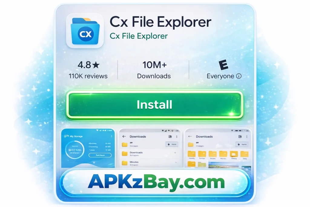 CX File Explorer Google Play Store install screen with green install button and APKzBay.com branding