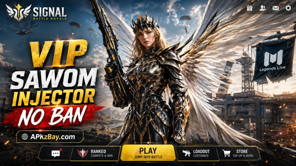 VIP Sawom Injector No Ban gaming banner with angel warrior, battle royale background, bold promo text, and APKzBay.com branding.
