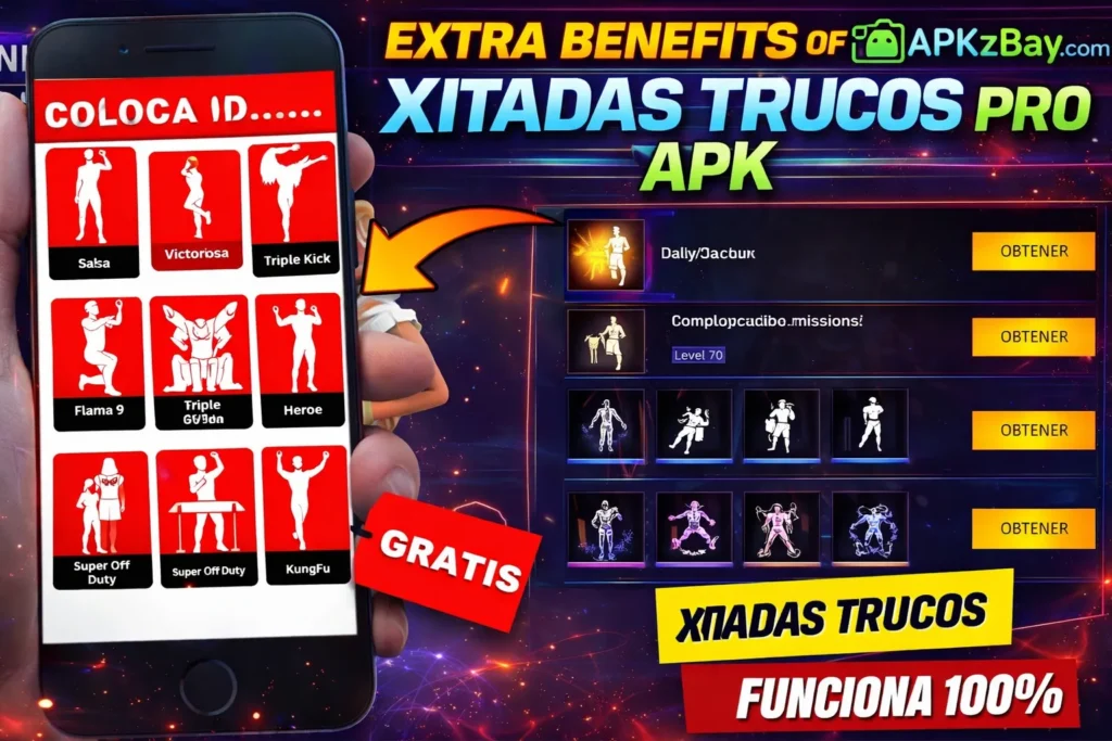Xitadas Trucos Pro APK banner with game interface panels, emote menu layout, and APKzBay.com branding