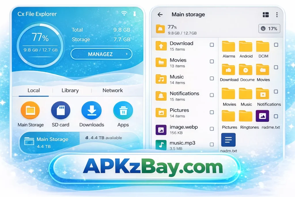 How to Install APK from CX File Explorer on Android screen showing storage, folders, and APKzBay.com branding