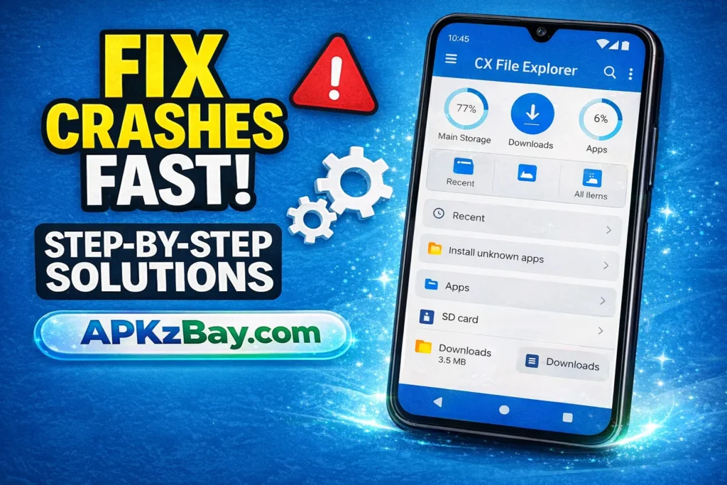 How to Install APK from CX File Explorer on Android Without Errors step-by-step troubleshooting image with APKzBay.com branding