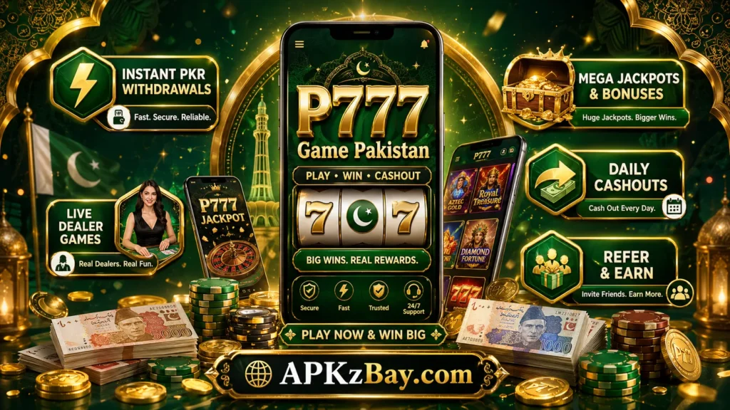 P777 Game Pakistan promotional banner with mobile app screen, gold coins, cash, jackpot icons, and APKzBay.com branding