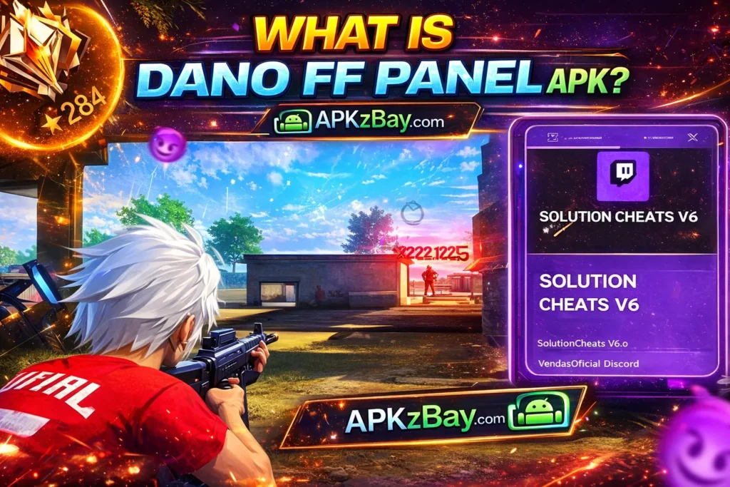 What Is Dano FF Panel APK banner with gameplay scene, mobile panel interface, bold title text, and APKzBay.com branding