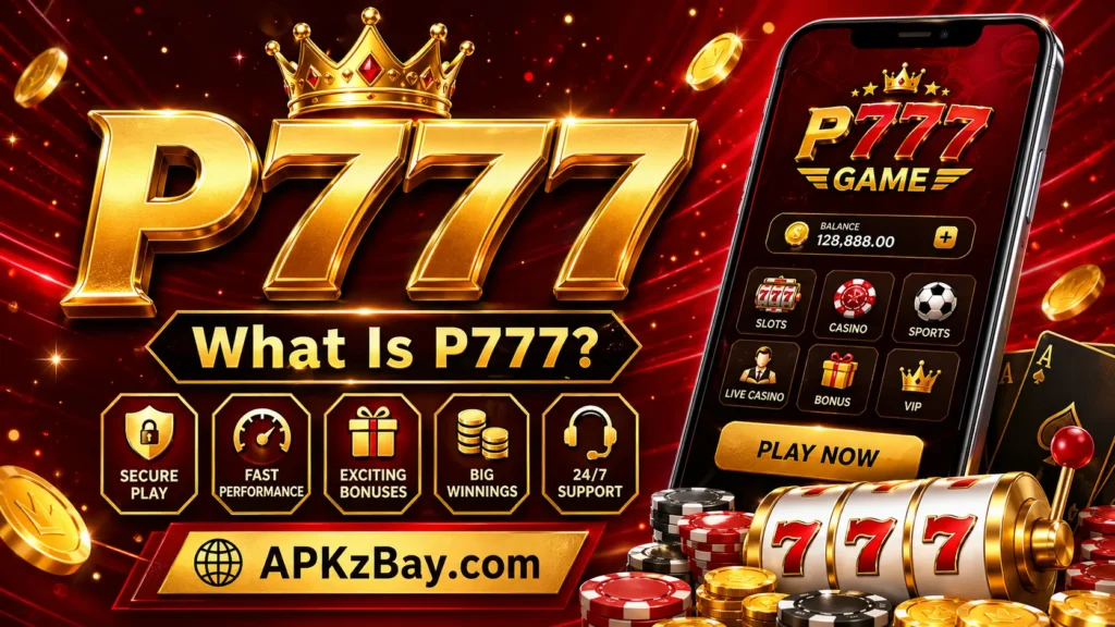 What Is P777 promotional banner with gold P777 text, mobile app screen, casino icons, chips, and APKzBay.com branding