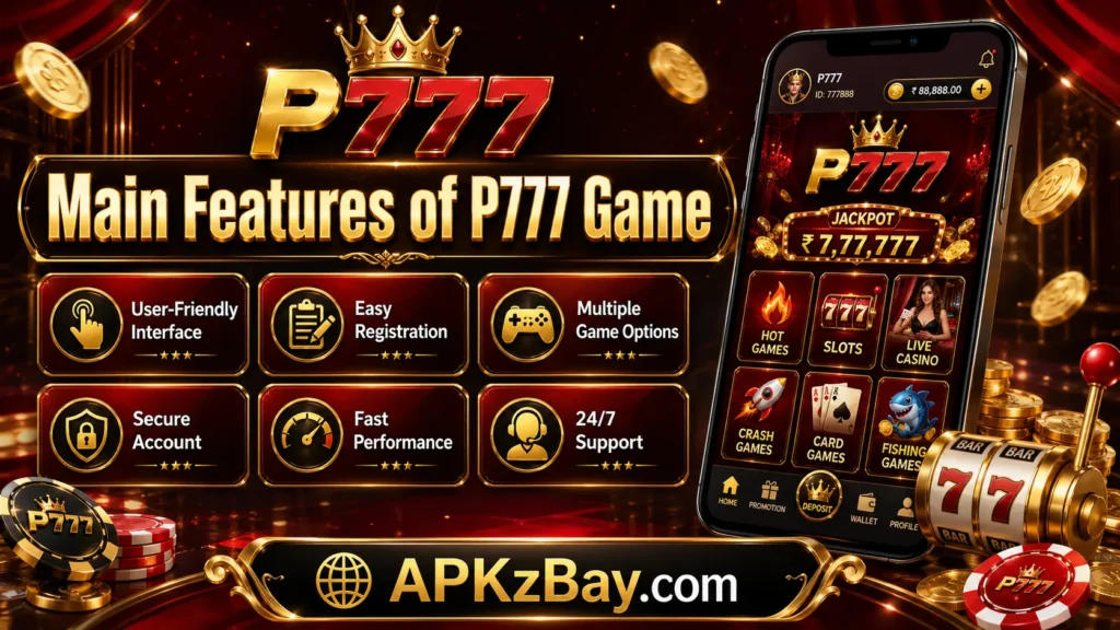 Main Features of P777 Game banner with mobile app screen, feature icons, casino chips, gold coins, and APKzBay.com branding