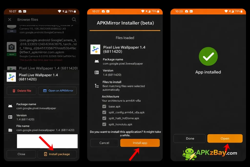 How to Install Split APK on Android Without PC: APKMirror Installer screenshot showing how to install split APK files on Android with install package and install app steps