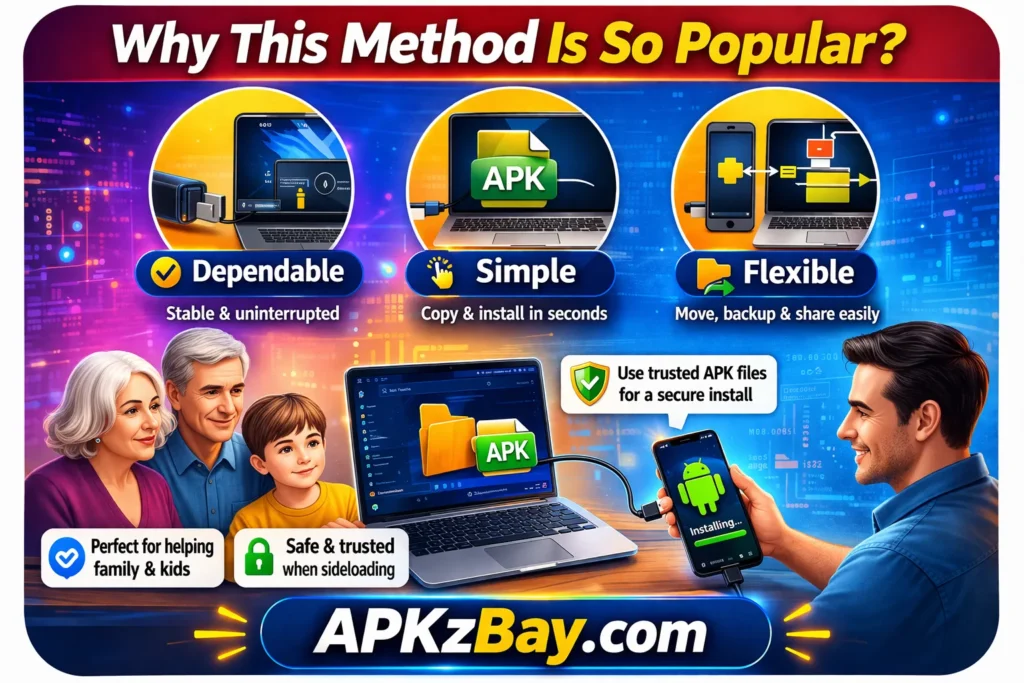 Why this method is so popular image showing USB cable APK transfer benefits on Android including dependable, simple, flexible, and safer sideloading