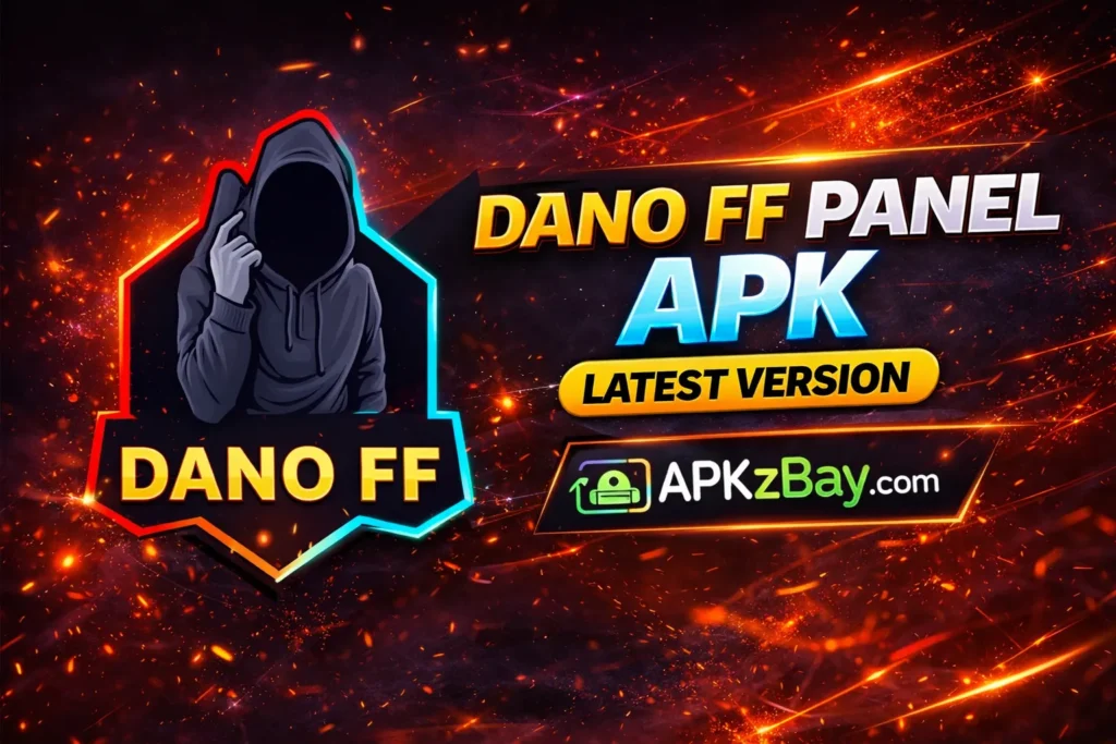 Dano FF Panel APK Latest Version banner with hooded logo emblem, bold title text, fiery background, and APKzBay.com branding