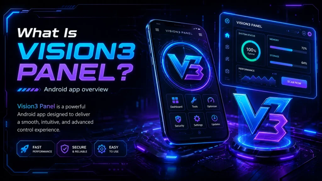 What Is Vision3 Panel APK Android app overview with futuristic V3 interface