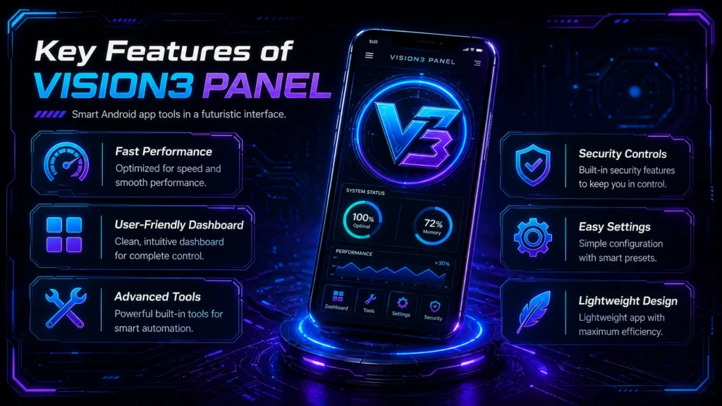 Key Features of Vision3 Panel APK with futuristic Android dashboard and V3 interface