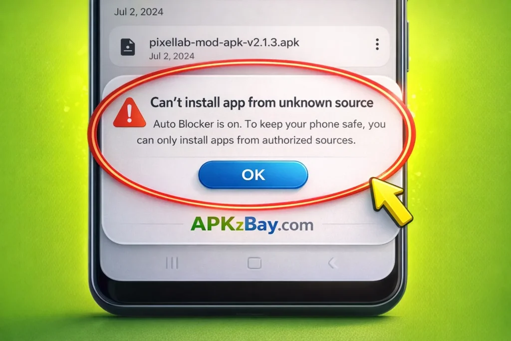 Why is install unknown apps stuck on processing on Android Samsung error screen with APKzBay.com guide