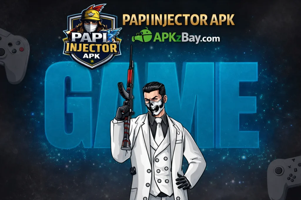 Papi Injector APK promotional image with APKzBay.com branding, masked character, gaming theme, and bold blue background text