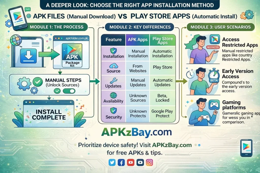 APK vs Play Store Apps comparison infographic showing manual vs automatic installation and key differences