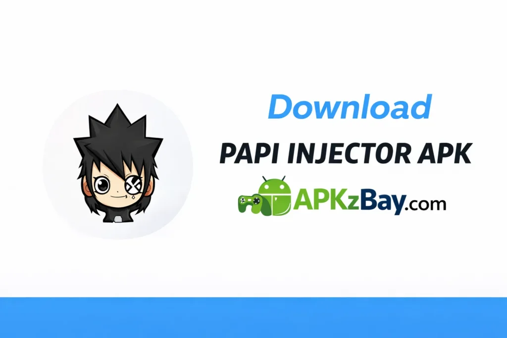 How to Download Papi Injector APK - banner with APKzBay.com branding and anime-style character