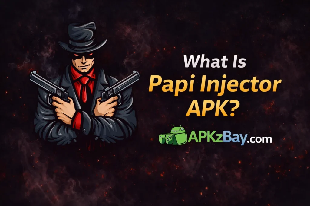 What Is Papi Injector APK graphic with APKzBay.com branding and illustrated character on a dark red background