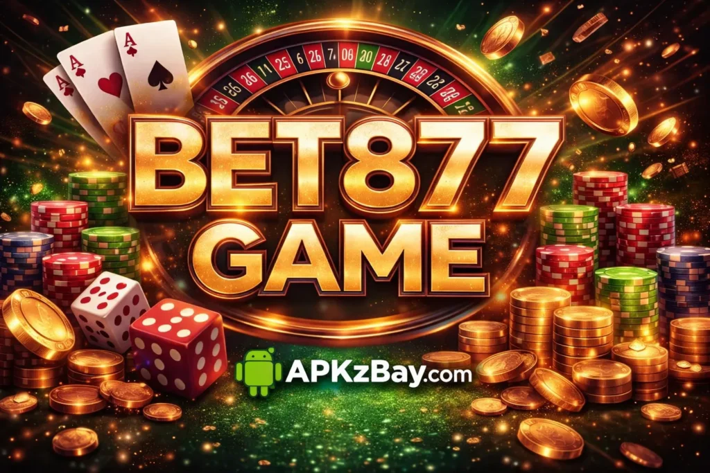 Bet877 Game APK download banner with casino theme, poker chips, roulette wheel, dice, and APKzBay.com branding