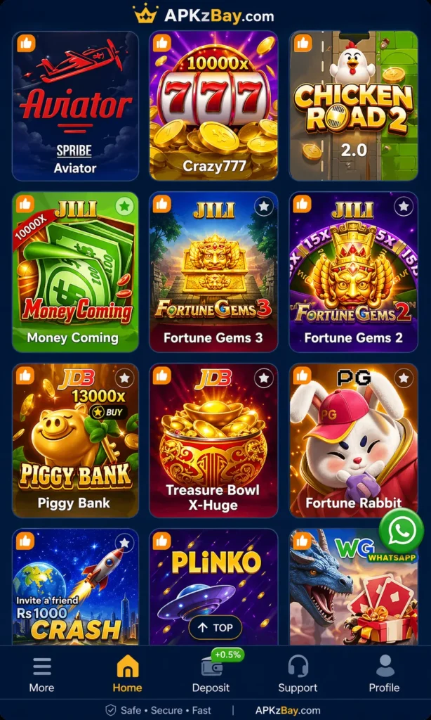 What Is AT77 Game? mobile app home screen showing game categories, colorful icons, and APKzBay.com branding