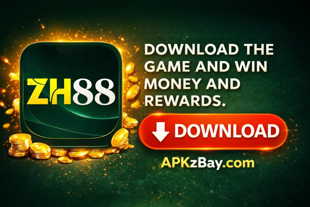 Promotional ZH88 Game download banner with app logo, glowing coins, red download button, and APKzBay.com branding