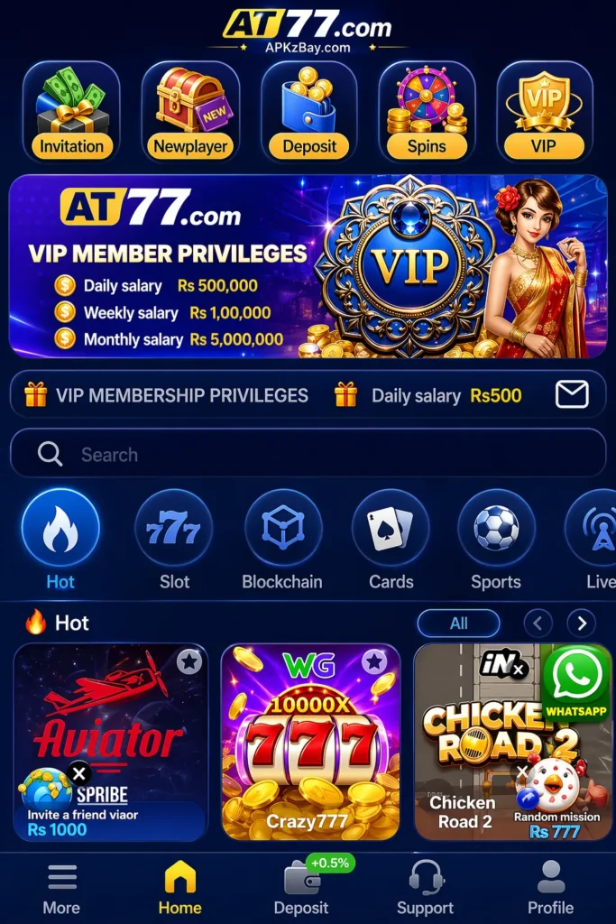 AT77 interface and first impressions screen showing VIP banner, game categories, search bar, featured games, and APKzBay.com branding