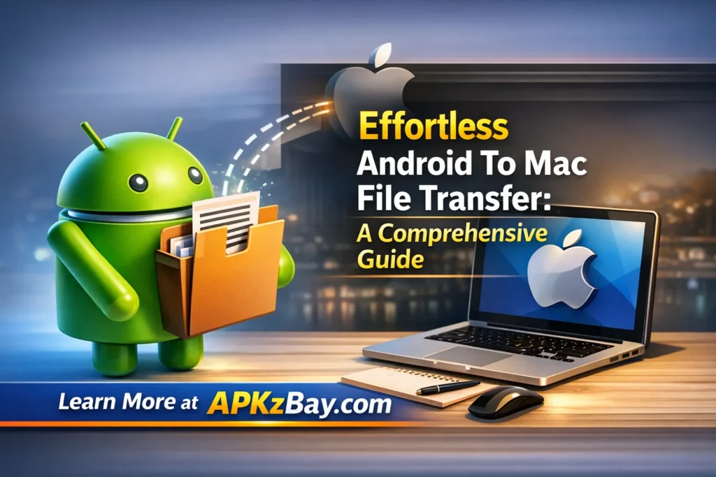 Allow unknown apps for Mac transfer Android guide showing Android file transfer from phone to Mac with APKzBay.com branding