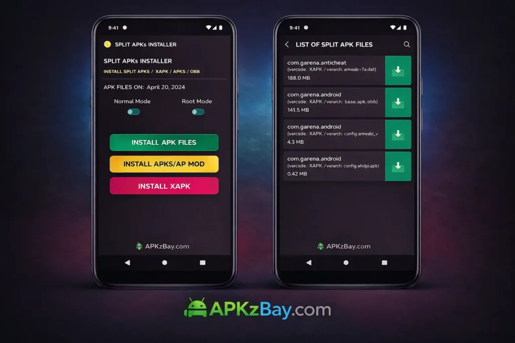 Android installer app screenshot showing XAPK, APK, and split APK installation screens with APKzBay.com branding at the bottom