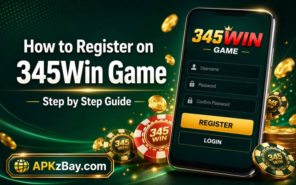 Easy Registration in 345Win Game showing a mobile signup screen, register button, casino chips, gold coins, and APKzBay.com branding