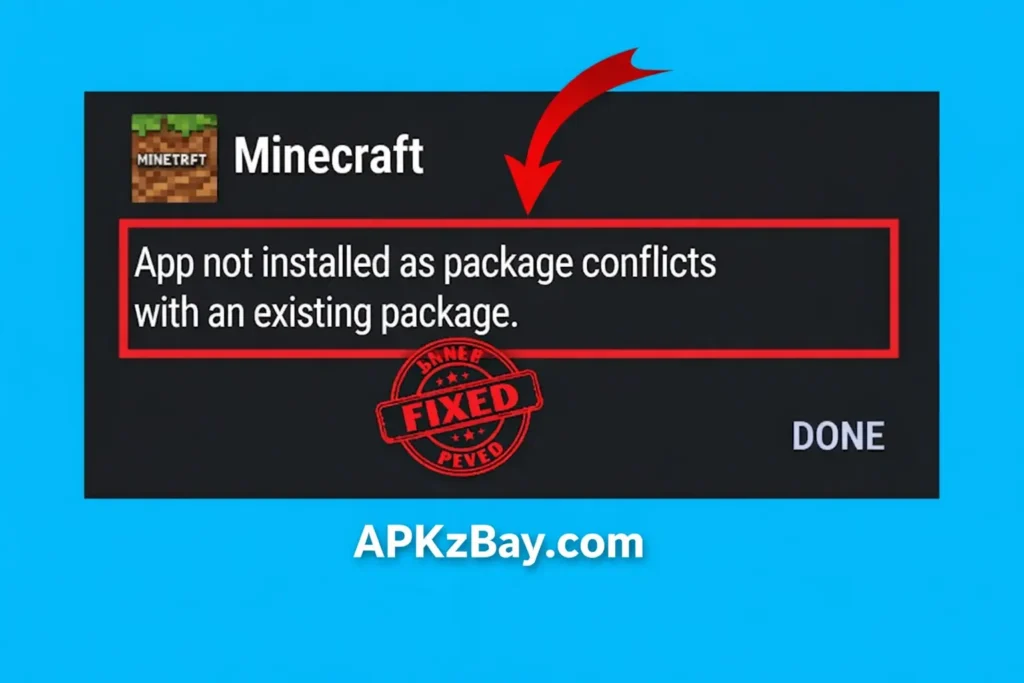 Minecraft app not installed as package conflicts with an existing package error screenshot with APKzBay.com watermark