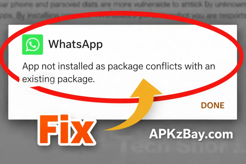 WhatsApp app not installed as package conflicts with an existing package error screenshot with APKzBay.com branding
