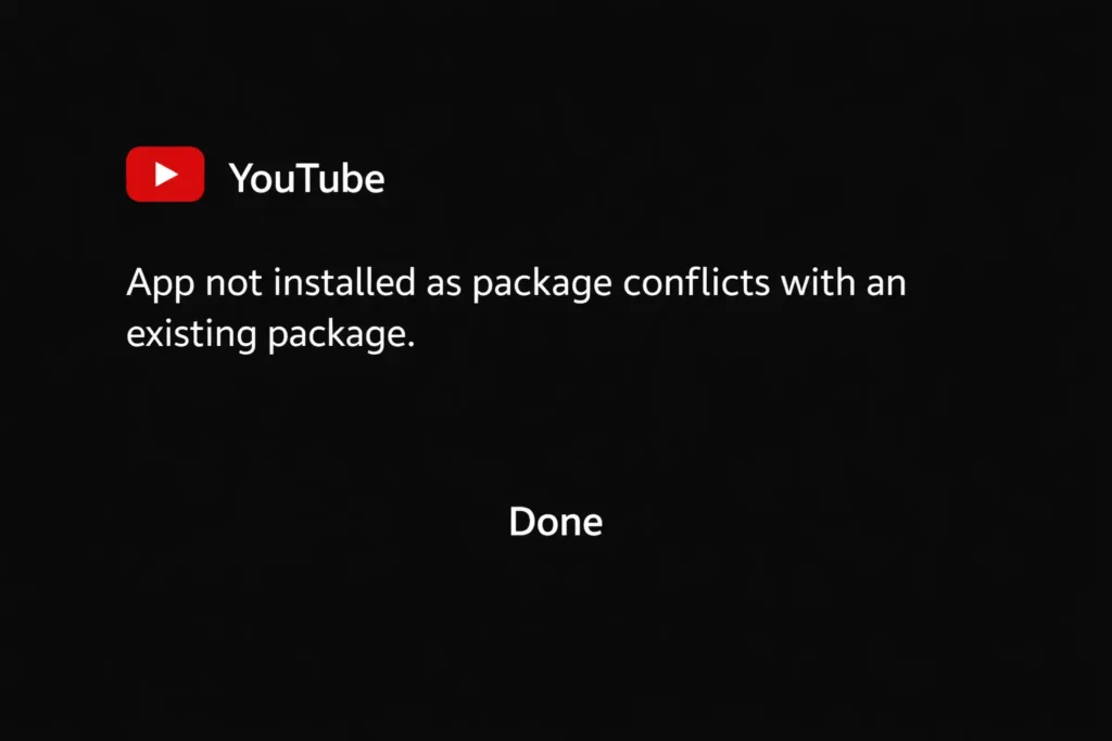 YouTube app not installed as package conflicts with an existing package error screenshot on Android