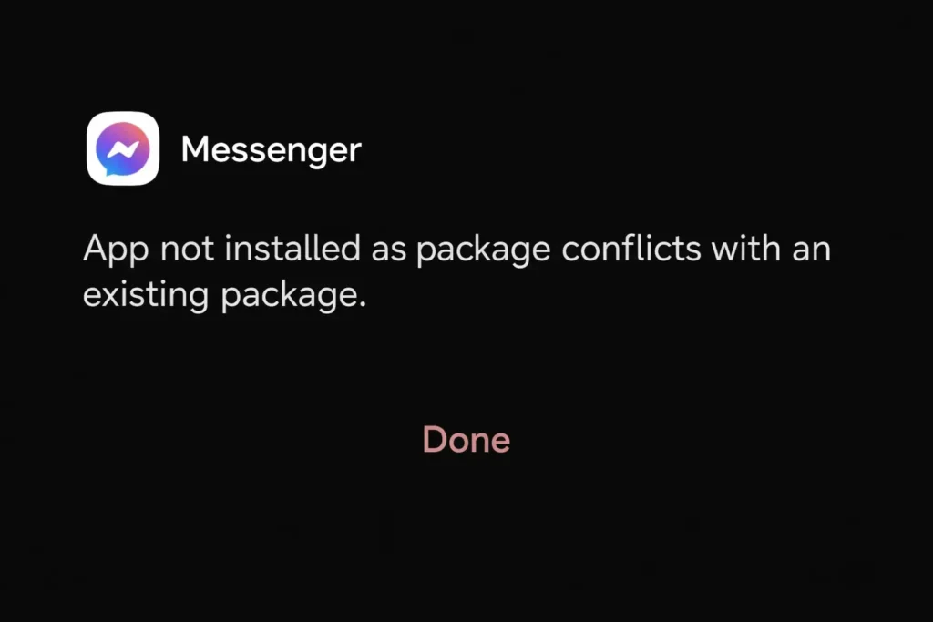 Messenger app not installed as package conflicts with an existing package error screenshot on Android