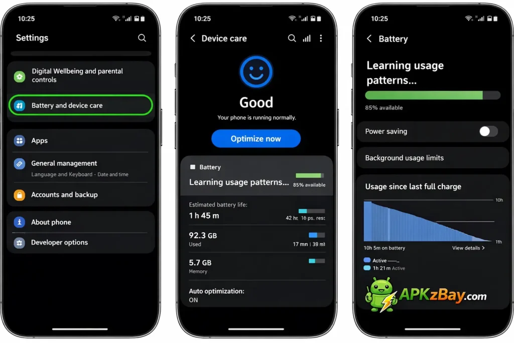 Samsung battery and device care screenshot showing battery optimization settings with APKzBay.com branding