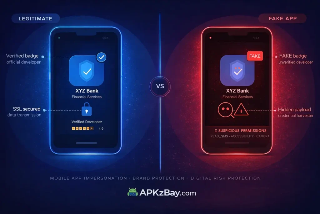 Legitimate vs fake Android banking app comparison showing warning signs like fake badge, hidden payload, and suspicious permissions