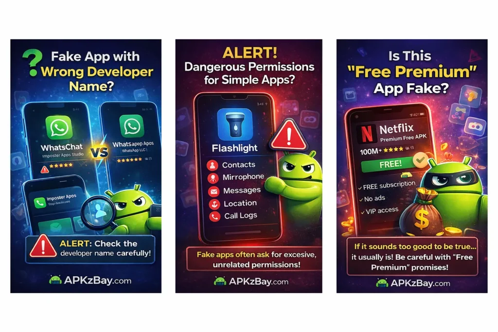 Three Android fake app warning graphics showing wrong developer name, dangerous permissions, and fake free premium app offers