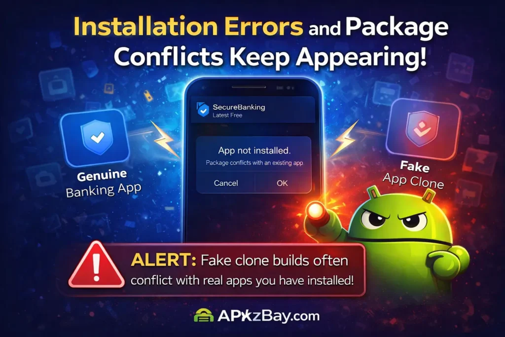 Android installation error showing app not installed because the package conflicts with an existing fake app clone