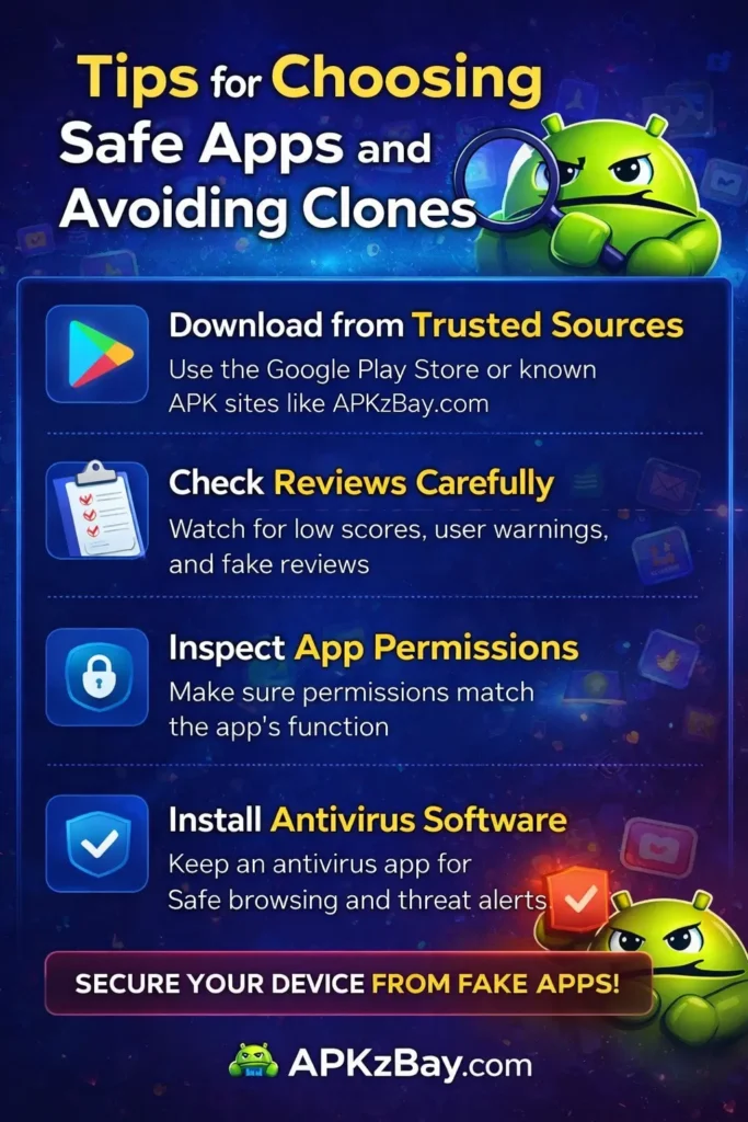 Tips for choosing safe apps and avoiding clones on Android infographic with trusted sources, reviews, permissions, and security checks