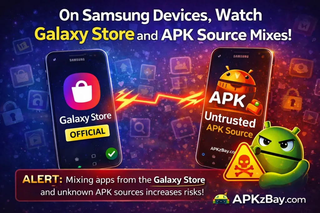Samsung device warning graphic showing risks of mixing Galaxy Store apps with untrusted APK sources