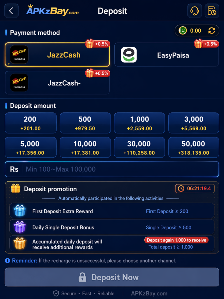 Deposit and withdrawal experience screen showing payment methods, deposit amounts, and APKzBay.com branding