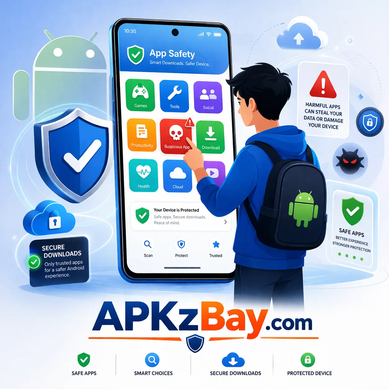 Young person using a smartphone with security icons, warning symbols, and Android safety elements for harmful app protection on APKzBay.com