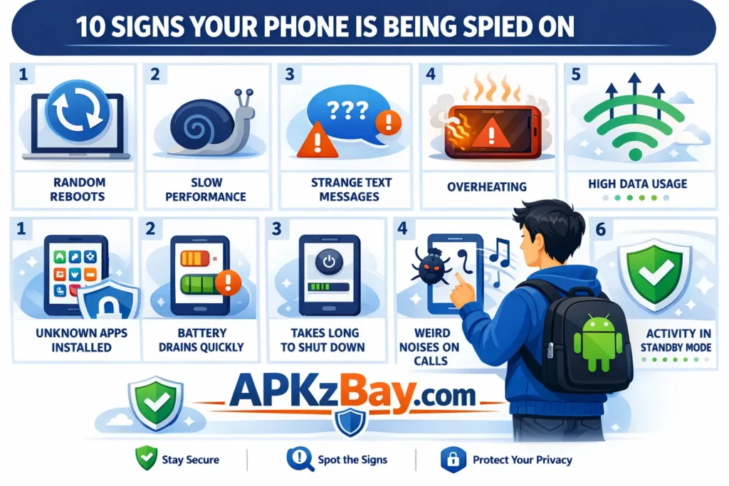 10 signs your phone is being spied on infographic with security icons, warning alerts, and APKzBay.com branding