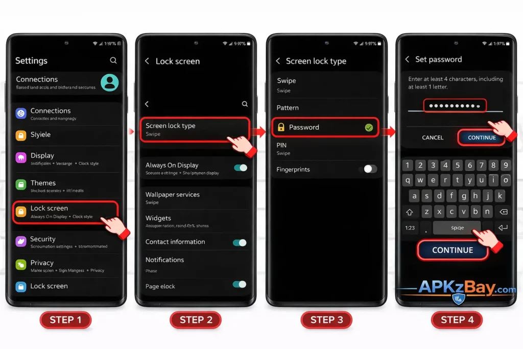Infographic demonstrating Android app safety process including pre-download security checks, installation verification, safe apps retained, and harmful apps deleted, with APKzBay.com branding.